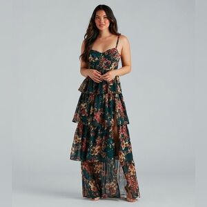 NWT Windsor Hunter Green Chiffon Floral Formal Dress with Side Slit